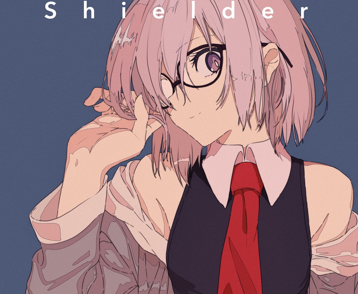 the image is a digital drawing or painting of an animestyle girl. she has short, pink hair, is wearing glasses, a red tie, and what appears to be a school uniform. she is looking to the side, with one hand adjusting her glasses. the background is a simple, dark blue. the text "shielder" is written in a sansserif font at the top of the image. the art style is soft and slightly muted in color. the overall impression is one of elegance and sophistication.