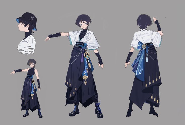 this image shows a digital illustration of an anime character. the character is female with black hair, blue eyes, and she has a stylish outfit. the character is drawn in a variety of poses, including front, back, and side profiles. the design includes a black and blue skirt, a black belt, and a white shirt. the character is wearing black boots and has blue eye shadow.