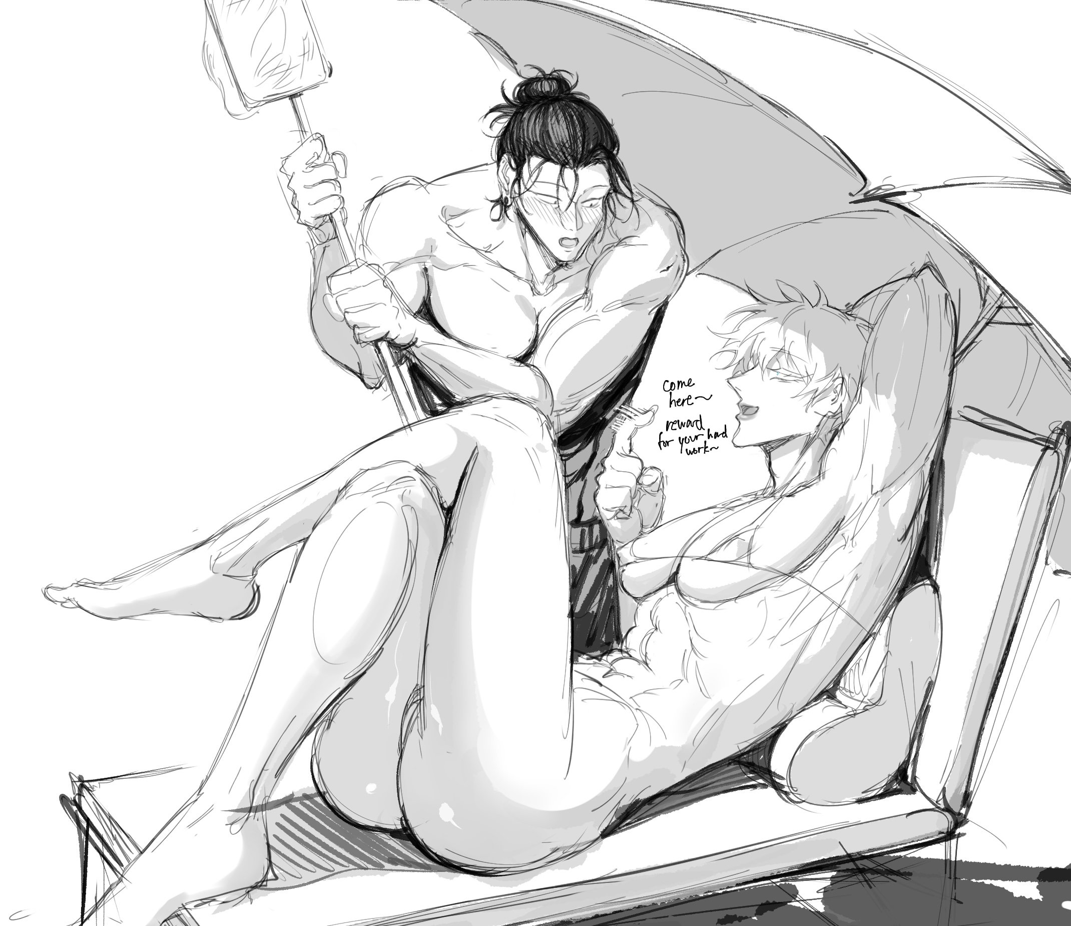 the image is a black and white sketch, in the style of manga or anime, depicting two men in a suggestive and intimate scene.  one muscular man, holding a paddlelike object, is playfully interacting with another man who is reclining on a sun lounger under an umbrella. the scene appears to be set on a beach.  the sketch style is loose and expressive, with some text bubbles showing suggestive dialogue. the overall tone is flirty and potentially romantic or sexual in nature.
