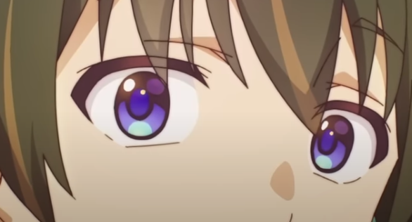 the image shows a closeup illustration of a young anime boy with brown hair and striking purple eyes.  he seems to have a curious or questioning expression.