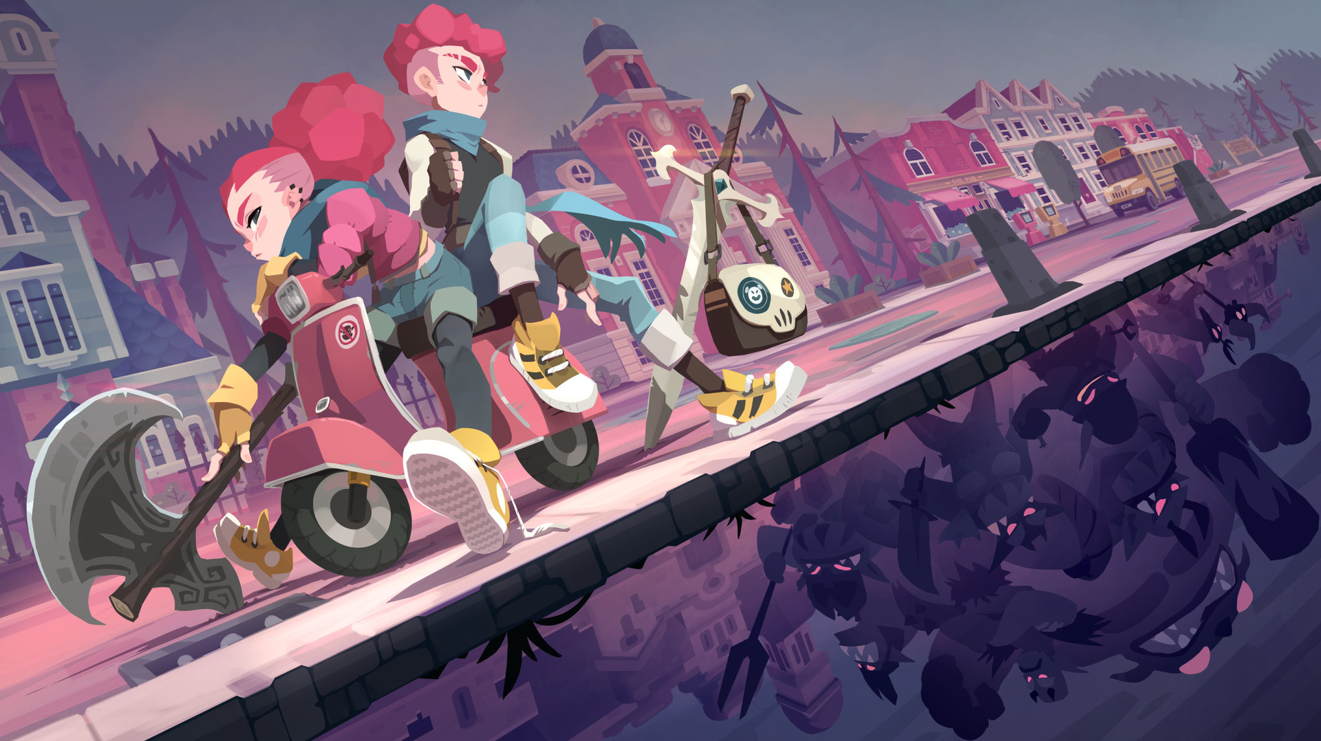 the image is a digital illustration depicting two friends, a male and a female, riding a scooter. the male character is carrying an axe, and the female character is riding the scooter. they are in a town setting, with buildings and trees surrounding them. there are shadows of monsters beneath the sidewalk, creating a sense of danger or mystery.  the image is drawn in a cartoon style, and uses bright colors and vibrant line work.