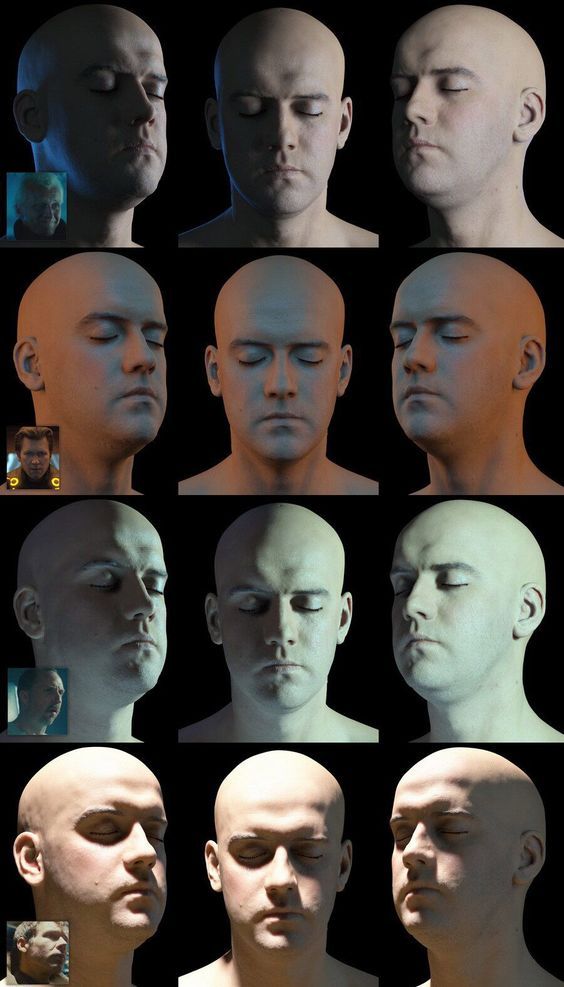 the image displays a series of twelve 3d rendered models of a bald human head, each showing different lighting conditions and resulting variations in shadow and highlight. the heads are positioned identically in each frame, offering a clear comparison of how light affects the perception of the model's texture and form. small inset images are present in the top left and bottom left corners of certain frames, seemingly depicting a different head model or possibly a progression in the modeling or texturing process.  the overall purpose appears to be a demonstration or study of lighting techniques in 3d modeling and rendering.