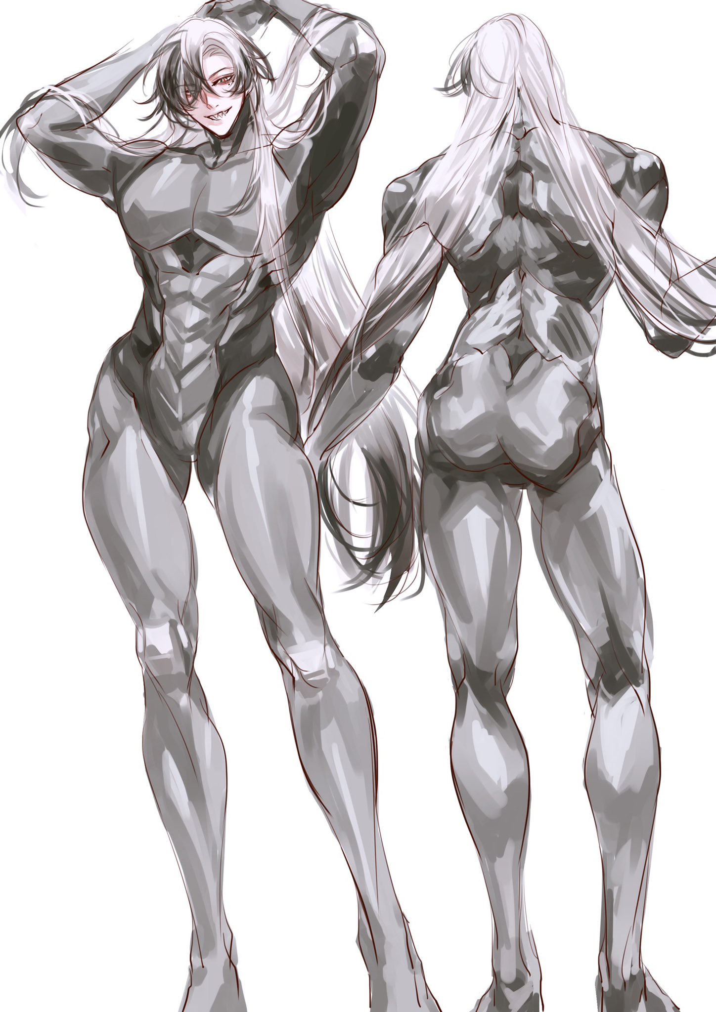 a drawing of a human body in a standing pose.  the drawing shows the muscle definition and anatomy of the body from both the front and back views. the drawing is in grey and white tones and is done in a sketch style.