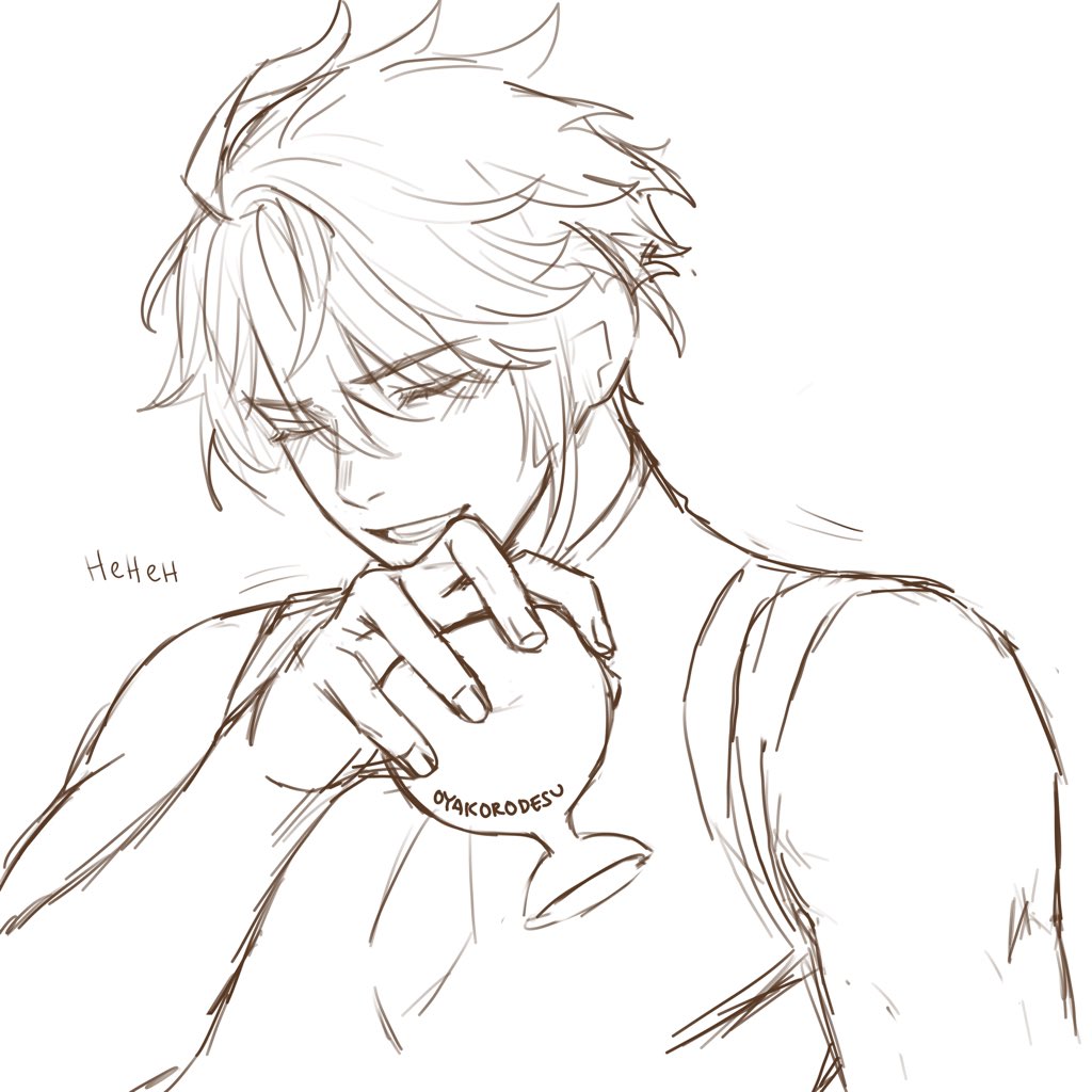 a sketch of a young male anime character with fluffy hair smiling and holding a cup of alcoholic beverage in his hand. he is wearing a sleeveless shirt. the drawing is done in black and white with a slight brown tone. the word "oyakorodesu" can be seen on the cup. the word "heheh" is written above the character's head.
