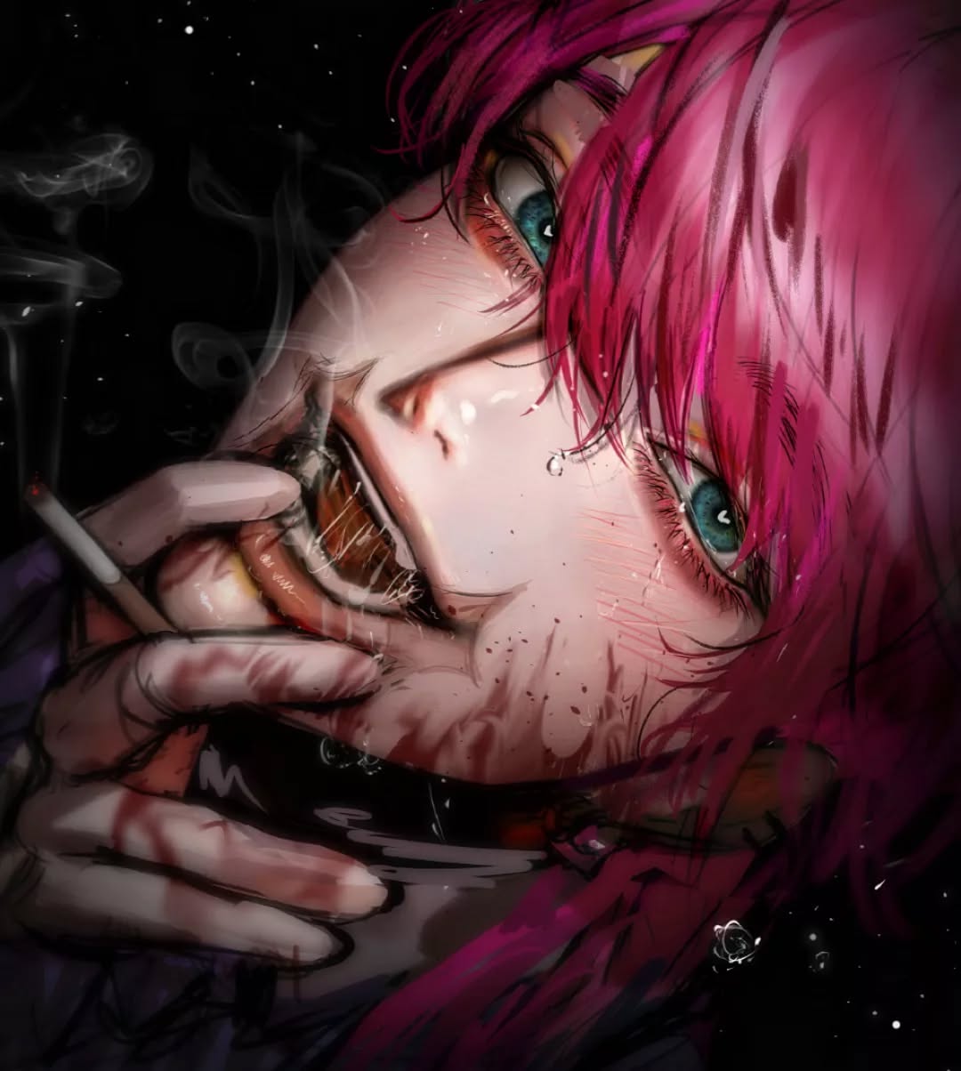 the image is a dramatic closeup digital painting or illustration of an anime or mangastyle female character. she has vibrant pink hair and is depicted with several injuries, blood, and tears on her face. she's holding a lit cigarette, and her expression is one of intense pain and suffering.  the overall mood is dark, intense, and emotionally charged, with a somewhat macabre aesthetic. the style is highly detailed and realistic in its depiction of texture and emotion.