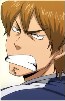 the image is a closeup illustration of a young man with a determined and angry expression on his face. he has short brown hair and brown eyes. his mouth is open in a grimace, revealing his teeth. he is wearing a blue and white athletic uniform. the background is a plain white color.