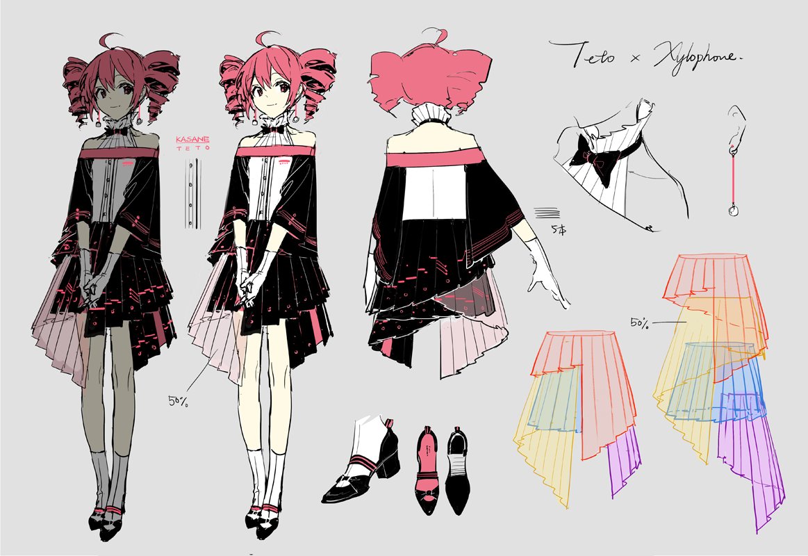 the image showcases a character design concept art for kasane teto. the design has a xylophone theme. there are different views of the character from front, back, and side. it also features a layered skirt concept and details of the outfit components such as the shoes, bow tie, and earrings.