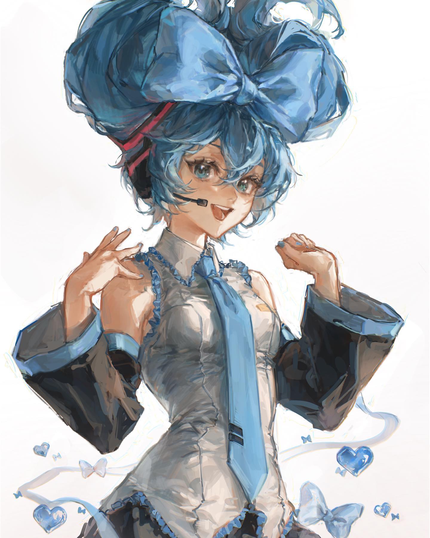 the image is a digital painting of hatsune miku, a popular vocaloid character. she is depicted with her signature blue hair styled in twintails with a large blue bow. she is wearing a white shirt with black sleeves and a light blue tie.  she has headphones on and is smiling playfully, her hands gesturing outward. the style is animeinspired, with soft, painterly brushstrokes and a light, airy feel.  blue hearts and butterflies float around her, adding to the dreamy atmosphere. the background is a plain white, drawing focus entirely to the character.