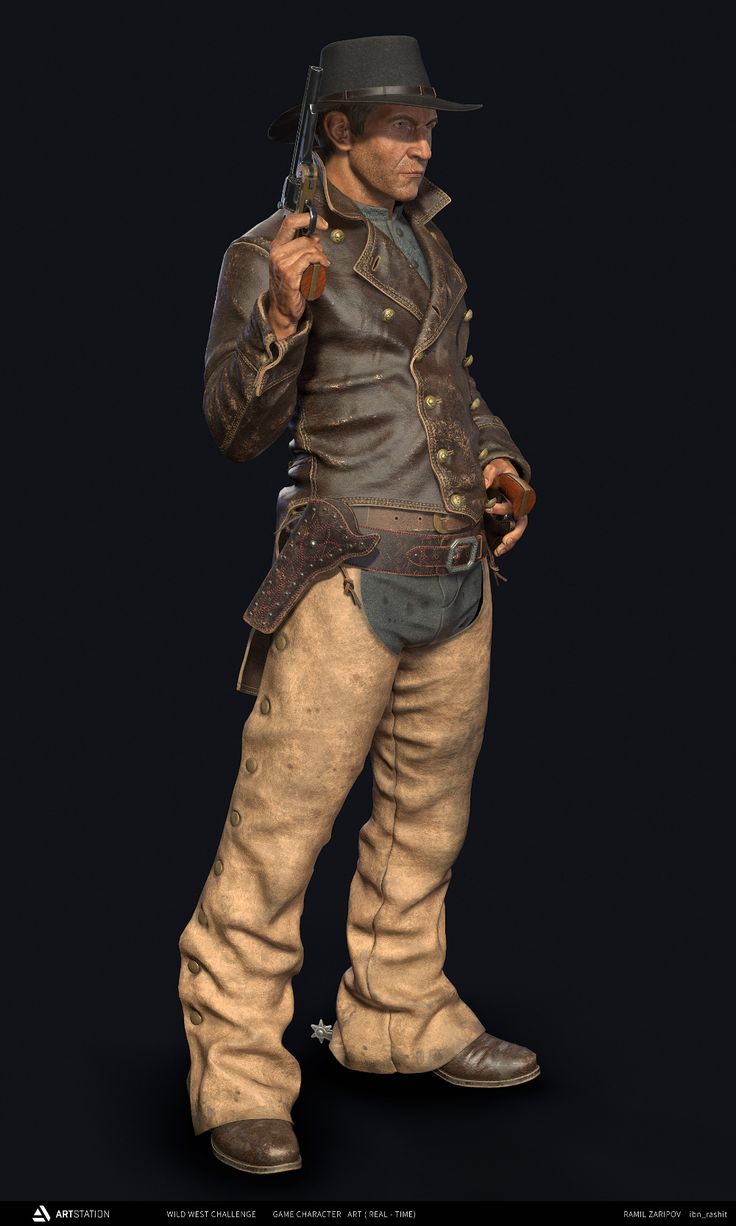 a detailed 3d model of a cowboy, rendered in a realistic style. he is wearing a brown leather jacket, tan chaps, and brown boots with spurs. he's holding a revolver in his right hand. the background is a dark grey. the image is likely a submission for an art challenge, as indicated by the artstation watermark and text at the bottom. the overall style evokes the wild west genre. the level of detail in the clothing, the character's facial expression, and the gun suggest highquality 3d modeling and texturing.