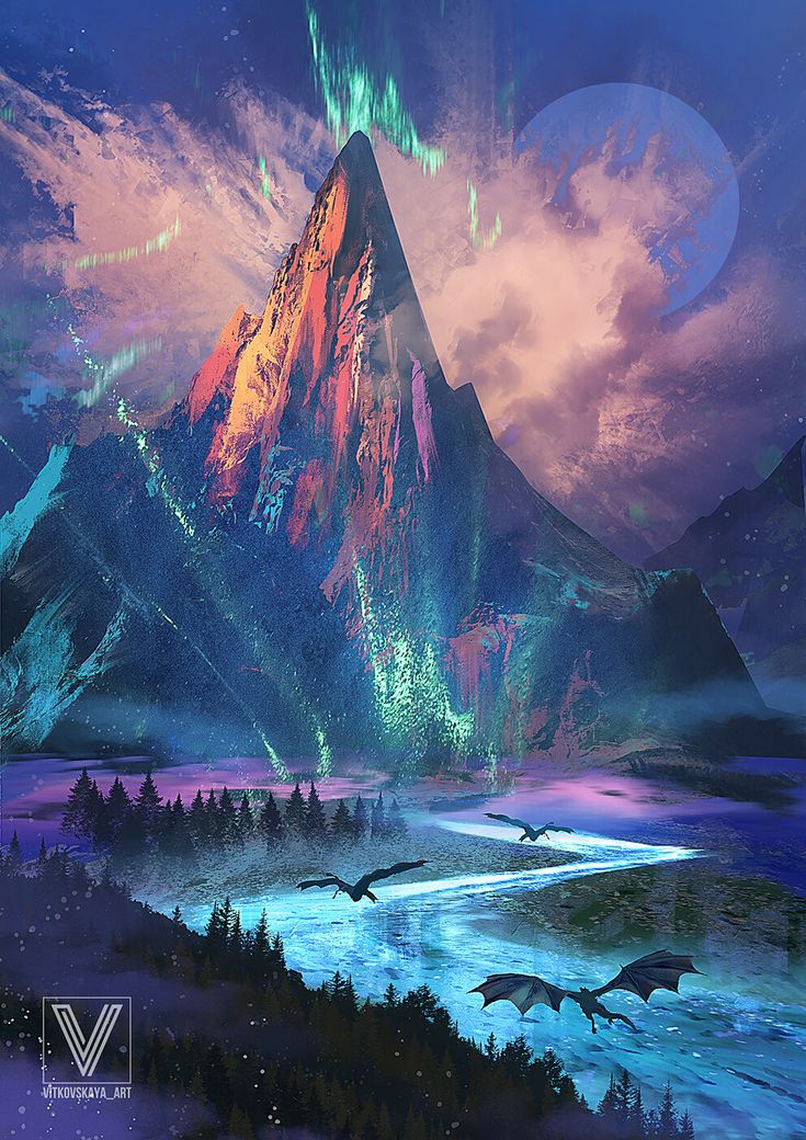 a digital fantasy landscape painting shows a towering mountain with a peak reaching high into the sky, beneath a sky illuminated by the northern lights and a large moon obscured by clouds. three dragons fly over a winding river that flows through a dense forest at the mountain's base. the mountain is painted with colorful hues, including red, orange, purple, and blue.
