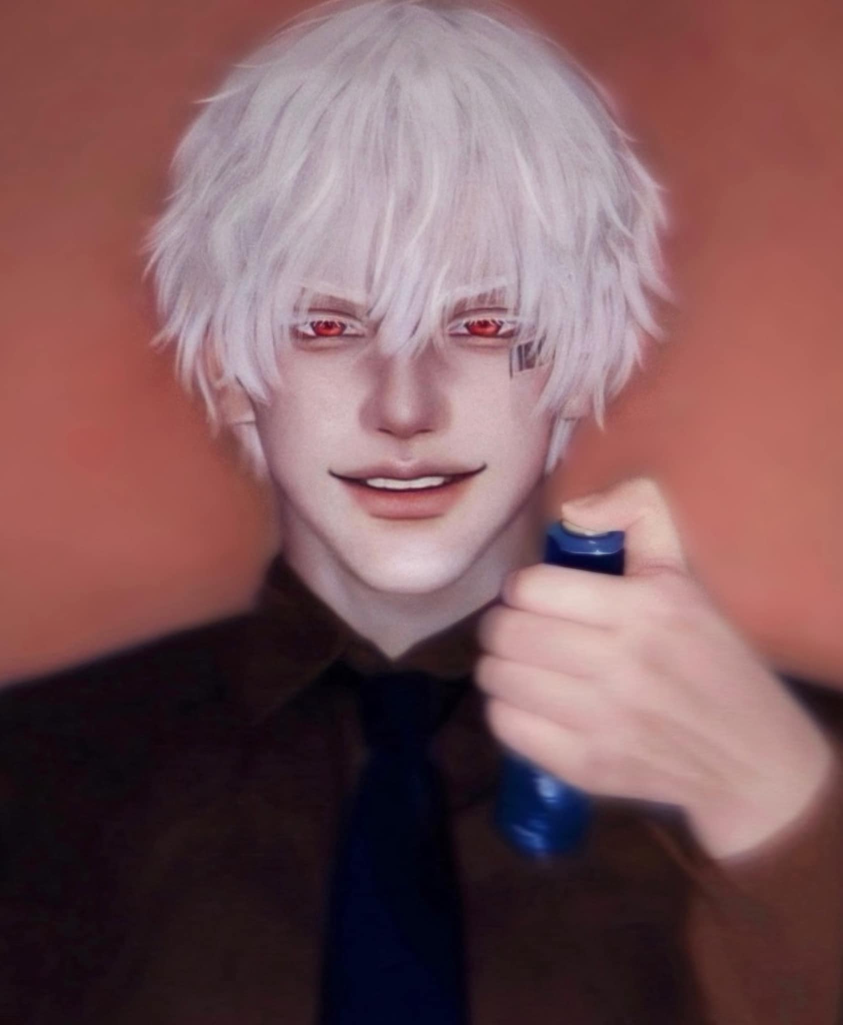 a closeup portrait of a young man cosplaying an anime character. he is smiling and looking at the camera. his hair is styled in a white, spiky fashion, he has bright red eyes, and he is wearing a brown suit with a black tie. he is holding a blue object in his hand.