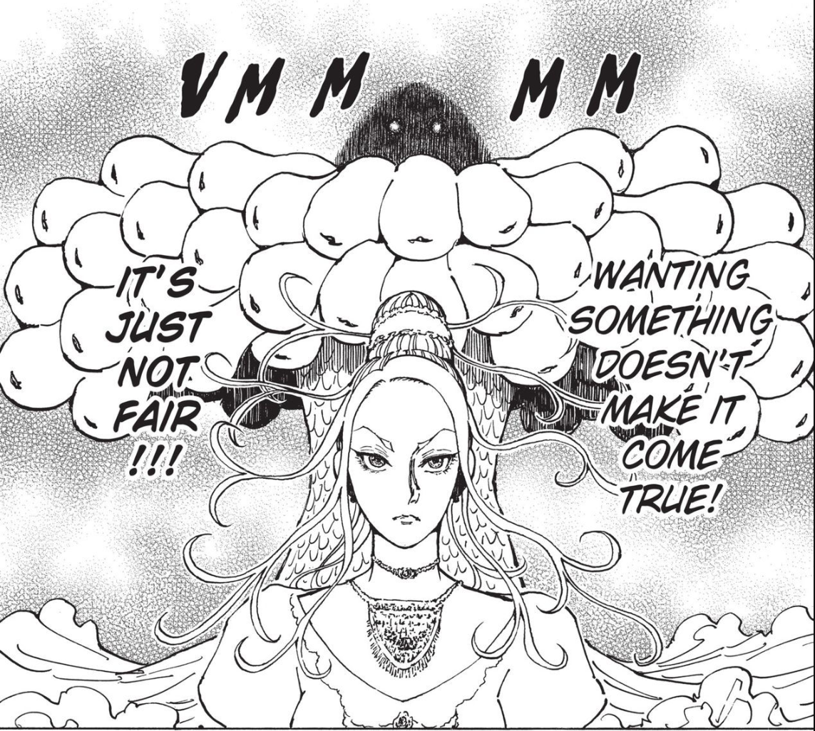 a black and white illustration of a woman with long hair. she has an upset expression on her face. around her head is a thought bubble with a shadowy figure inside. the thought bubble reads "vmm mm it's just not fair !!!" to the right of her is a speech bubble that reads, "wanting something doesn't make it come true!"