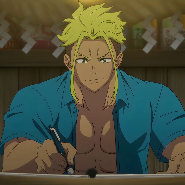 the image shows an anime character, a young man with blond hair and a blue shirt, sitting at a table and intently drawing on a piece of paper. he's using a pen and is very focused on his work, with a serious expression on his face. he's muscular and powerful, conveying a sense of determination and dedication to his craft.