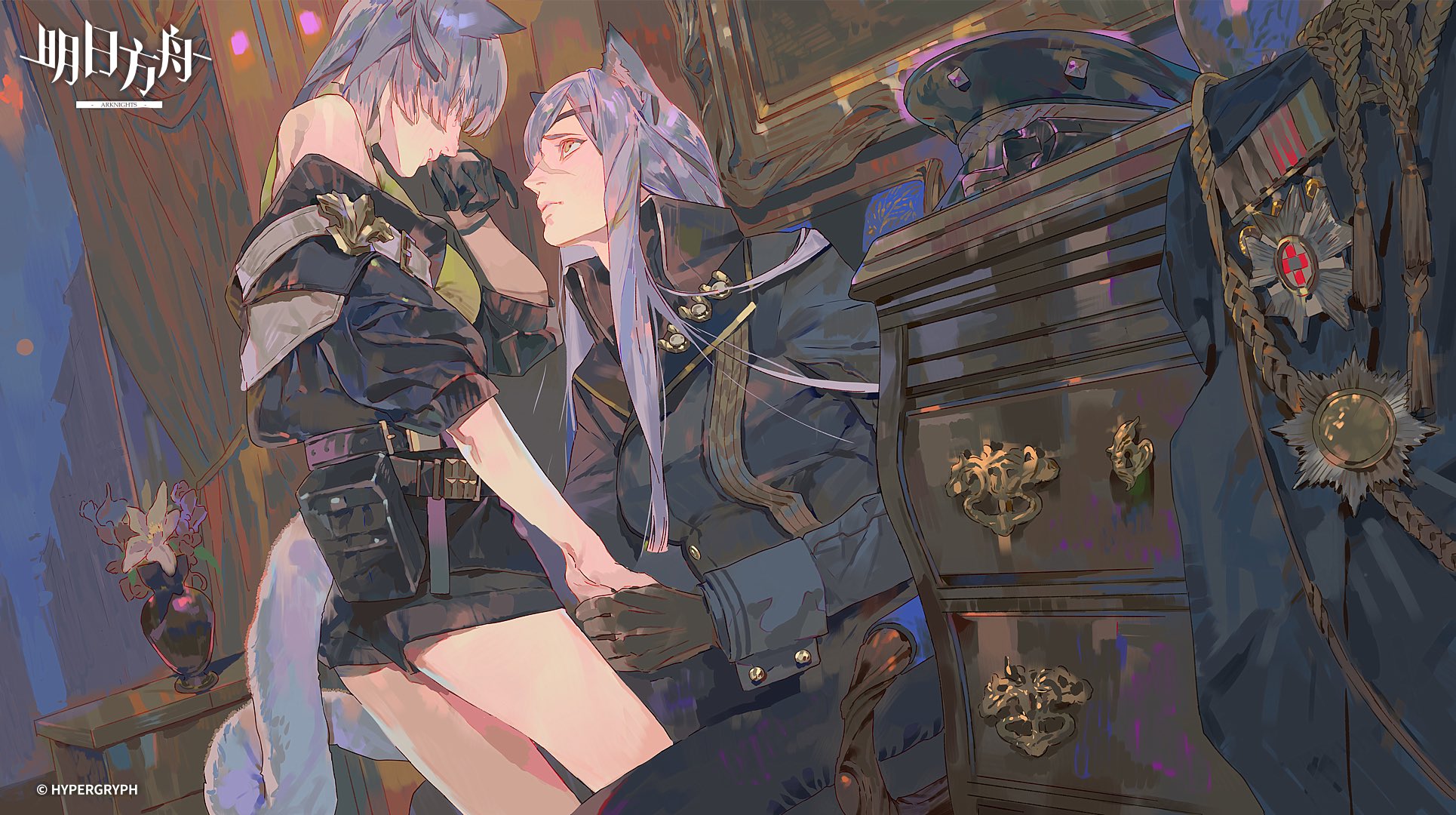 an illustration in an anime style features a close, intimate moment between two characters in formal military wear. one character, seemingly female, has grey hair, cat ears and a white tail, wearing a black uniform with a light green top, seated on the other character's lap. the other character, seemingly male, has long grey hair, also with cat ears, wearing a darker military uniform. they are holding hands. the setting includes a dresser adorned with medals and other decorations, and a vase of flowers. the artwork is stylized with muted colors and soft shading.