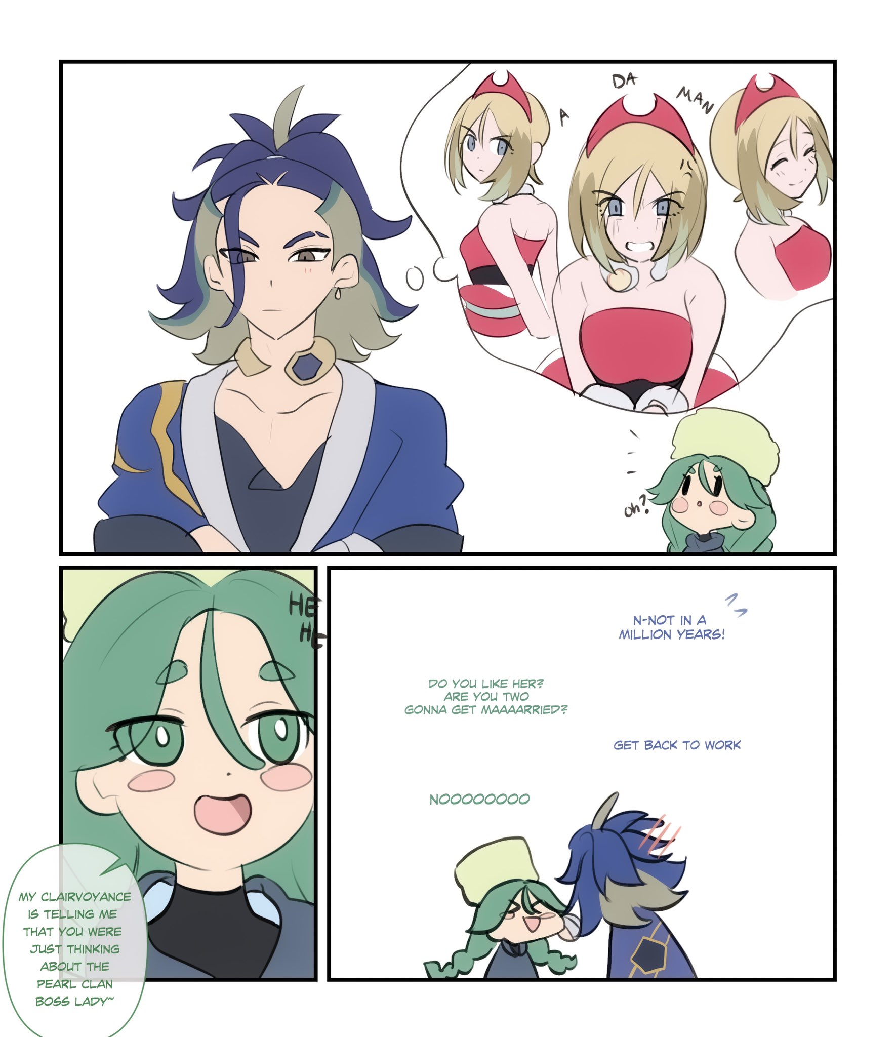 the image is a comic strip featuring several anime characters. the first panel shows a bluehaired male character with a blue jacket daydreaming about two redhaired female characters with red dresses. the male character appears to be having romantic thoughts about the women. in the second panel, a greenhaired character with a green hat is reacting to the male character's daydream, seemingly in disbelief. the third panel shows the greenhaired character talking to the bluehaired character, and the bluehaired character is denying any romantic interest in the redhaired women. in the fourth panel, another greenhaired character with a green hat appears and appears to be jealous of the male character. the last panel shows a bluehaired character telling the greenhaired character to get back to work. the dialogue in the speech bubbles is written in english. the art style is animeinspired and features colorful characters with expressive eyes. the overall tone of the image is humorous and lighthearted.