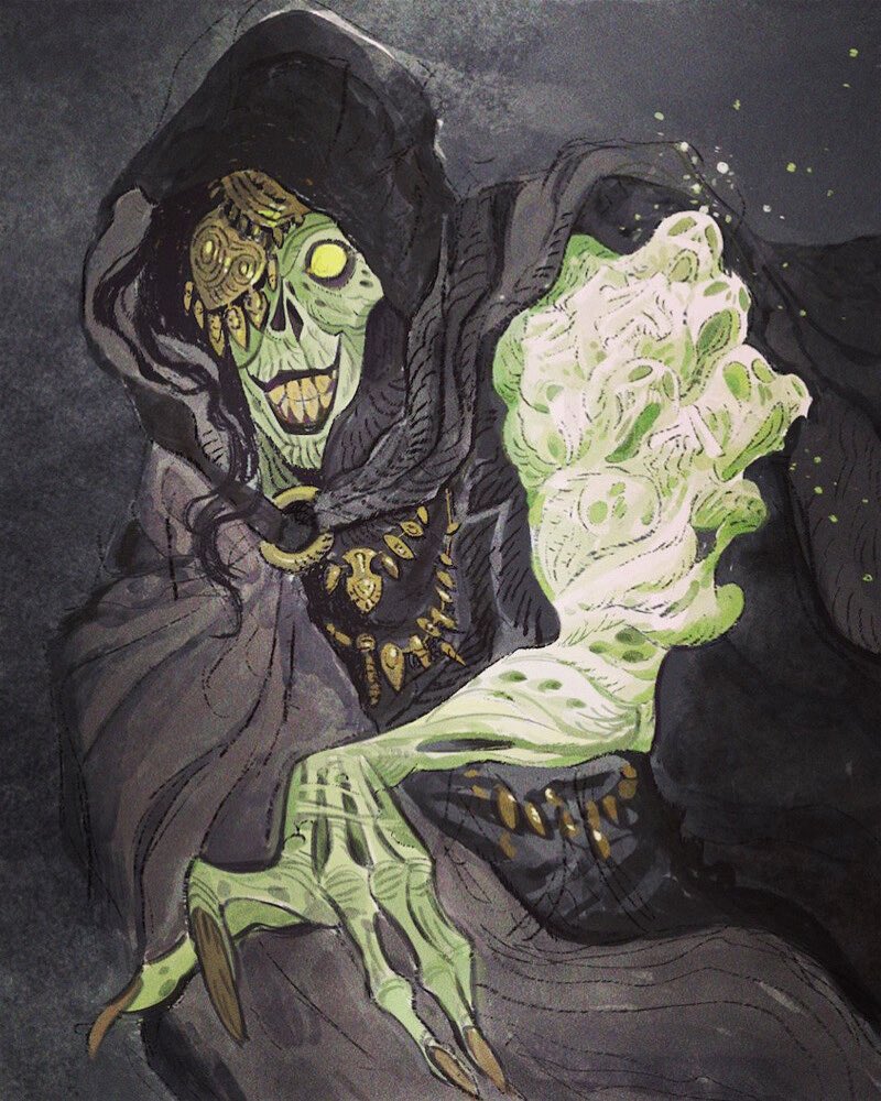 a detailed illustration of a monstrous green creature with long, skeletal fingers and sharp teeth. the creature is wearing a dark hooded robe and is peering out at the viewer.