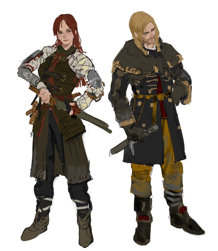 he image shows a digital painting of two fantasy characters, a woman and a man, who appear to be warriors or soldiers. they are depicted from the knees up, standing against a white background. the woman has long red hair and is wearing a detailed outfit that includes armor and a long coat. the man has long blonde hair and wears a dark, long coat with gold accents, and what looks like leather boots and trousers. both characters hold swords or have swords attached to their belts.  the style is painterly, with visible brushstrokes. the image seems to be concept art for a game or book, showcasing character designs.