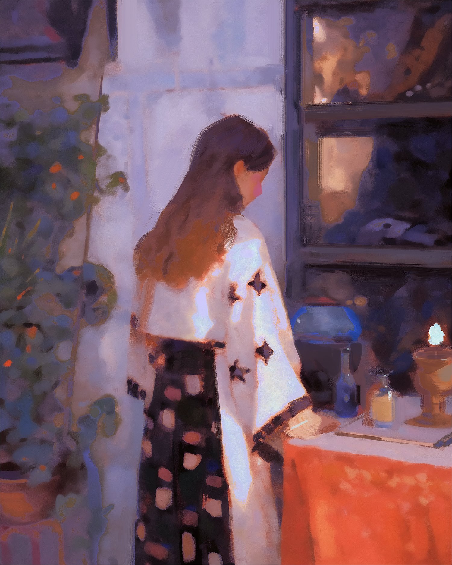 a woman in a white shirt with black stars and a black and white patterned skirt stands by a window. the window is filled with shelves that have various objects displayed on them. the woman is looking at the objects in the window, her back is to the viewer. the window and shelves are in an old building. there is a table with a red tablecloth in front of the woman. on the table are a bottle, a vase, and a candle. the painting is done in a digital style, with soft, brushstrokes. the colors are muted and warm, and the overall mood of the painting is calm and contemplative.