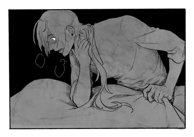 a grayscale manga illustration of a man crying in his bed.  he is lying on his side and has his hand on his face while looking down. the illustration is from the chest up and the man's hair covers most of the frame. the man's face is shaded with dark lines and looks extremely sad. the background is dark and there is a light grey sheet on the bed. there are also several small circles that represent tears falling from the man's eyes. the illustration is from a graphic novel or comic and captures the character's emotional distress.