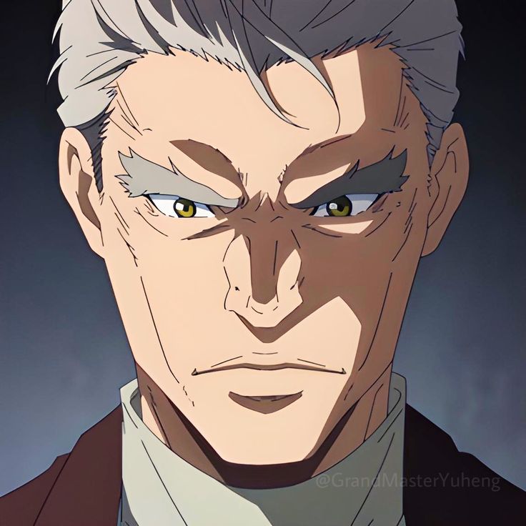 the image shows a closeup portrait of an adult male anime character. he has short, graying hair, sharp, golden eyes, and a serious expression. his face shows signs of age with wrinkles around his eyes and forehead. he is wearing a darkcolored suit jacket and a lightcolored turtleneck. the background is undefined and appears dark. the lighting is soft, emphasizing the contours of his face. the man's stern expression suggests a strong and possibly serious personality.