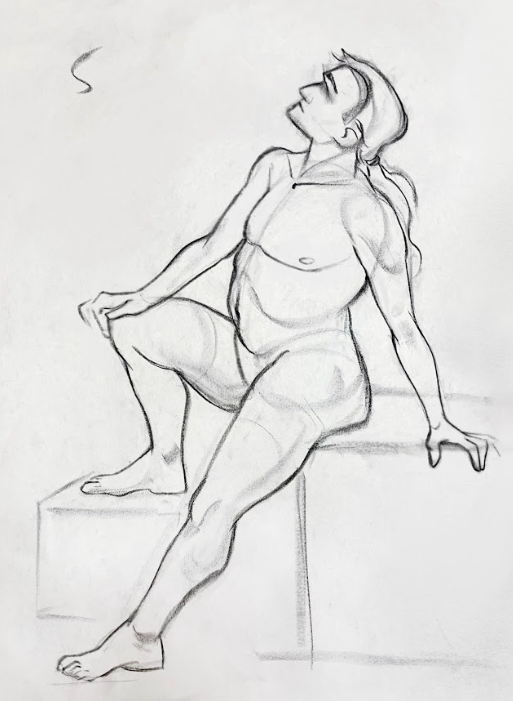 a charcoal drawing of a nude figure sitting on a box, viewed from the side. the artist has captured the figure's gesture and anatomy in a dynamic and expressive way, using strong lines and shading to create a sense of form and depth.  the figure's pose is relaxed and contemplative, with their head tilted back and their gaze directed upwards.