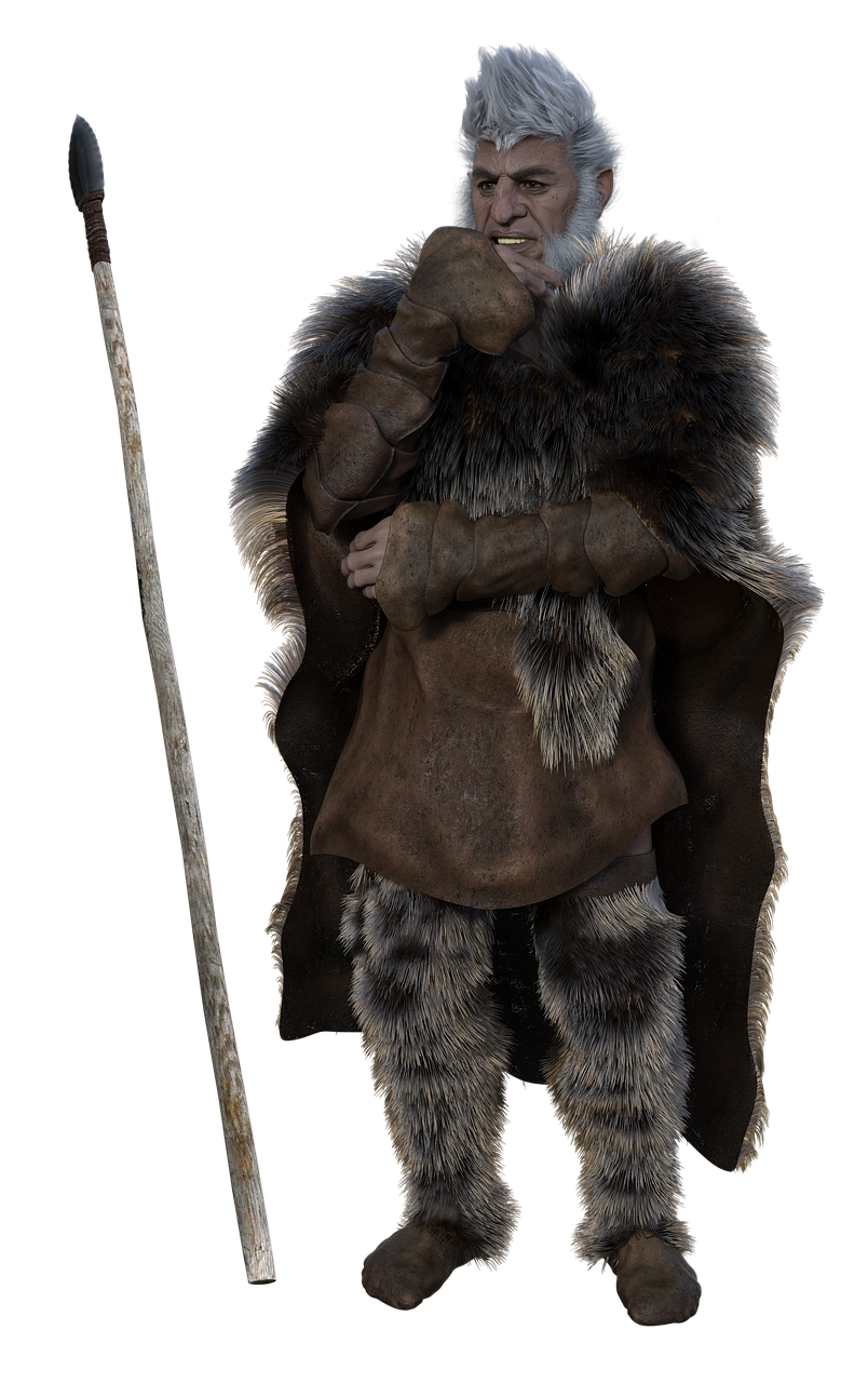 a full body image of an old man dressed in fur clothing and holding a spear, standing against a black background. the man has grey hair and is looking towards the right of the frame, holding his hand to his chin as if in thought. he is wearing a fur cloak and leggings, and the spear is positioned vertically to the left of him. the lighting is soft and emphasizes the textures of the fur and the man's features.