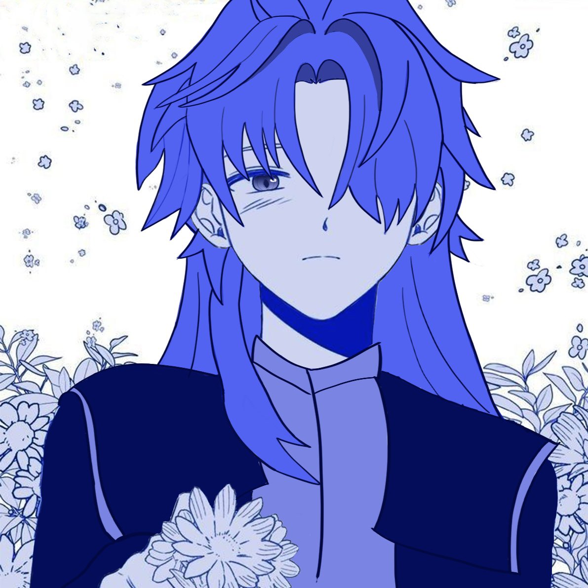 a blue anime character with long blue hair is shown with a sad expression while holding blue flowers. he is surrounded by blue flowers. the drawing is a stylized blue art with a white background.