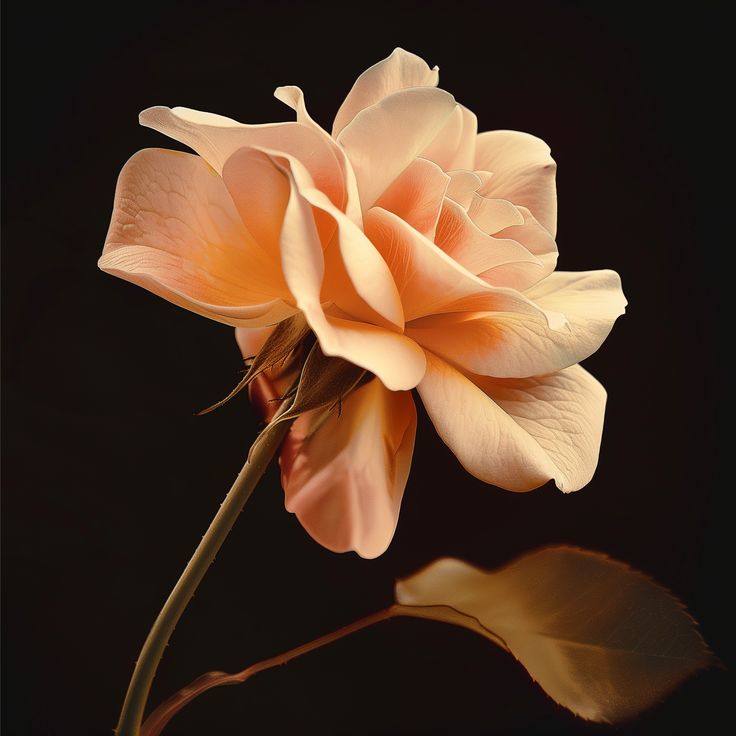 a single peachcolored rose is set against a black background. the rose is in full bloom, with its petals gracefully unfurled. a long stem supports the flower, and a single leaf is visible at the bottom. the image is a closeup, capturing the delicate details of the rose.