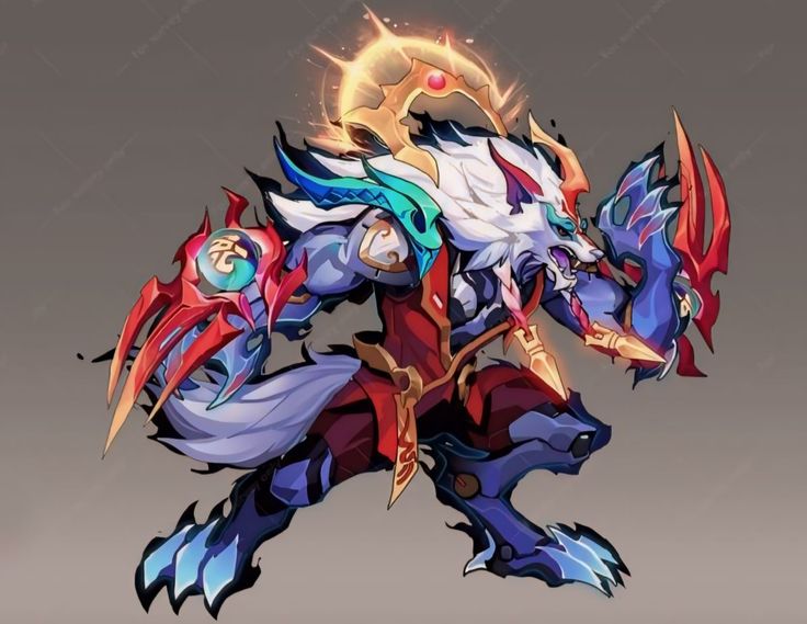 the image is a vibrant and dynamic digital painting of a werewolflike character.  the creature is anthropomorphic, possessing both human and wolf features.  it's depicted in a powerful action pose, claws extended, seemingly wielding energybased weapons or abilities. its fur is primarily white, contrasted with striking red and blue accents on its armor and claws. a golden halo or crownlike element floats behind its head, suggesting a spiritual or powerful nature. the art style is heavily influenced by anime and fantasy genres, with a potential hint of chineseinspired design elements in its clothing and weaponry. the overall feeling evoked is one of strength, action, and mythical power.