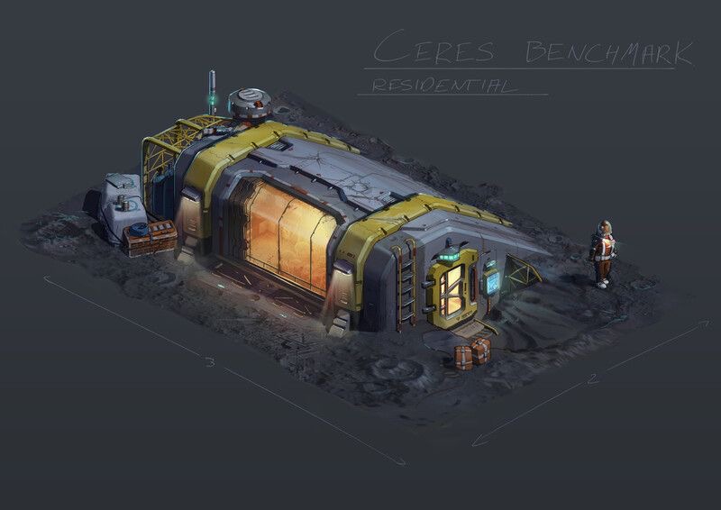 a semiburied, cylindrical habitat on a gray, cratered surface. it has a large window on the long side illuminated from inside. two sets of exterior stairs lead to doorways on the short side. there is a small, boxy attachment on the roof with an antenna. a figure in a white space suit stands near the structure. the ground is covered in loose rock and the habitat seems to be slightly sunken into it.