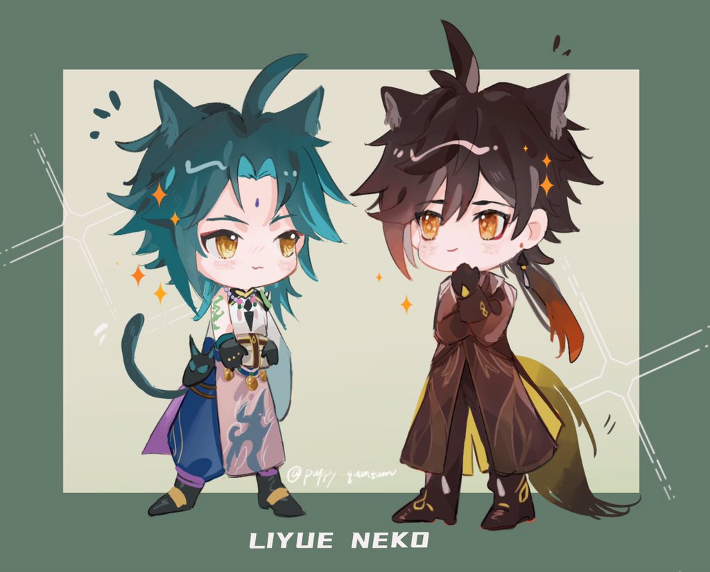 this is a digital illustration of two anime chibi characters, both boys with cat ears and tails. one character is in a blue and white outfit, while the other is in a brown and yellow outfit. they are both standing sidebyside with smiling faces,  with glitter and sparkles around them.  at the bottom of the image, it reads "liyue neko".