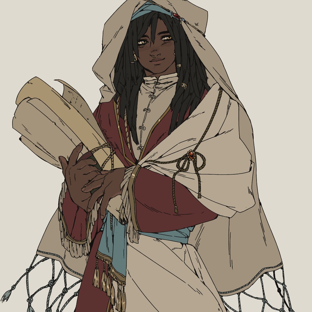 this is a digital illustration of a fantasy character. the character is a man with dark skin and long dreadlocks. he is wearing a brown robe with a white shawl and turban. he is holding a scroll in his hands. he has a serious and confident expression on his face. the background is a light gray color.
