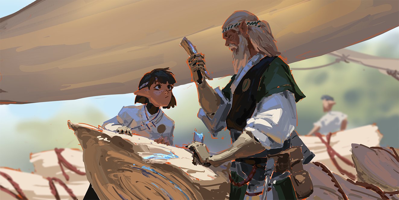 a digital painting depicting a scene of a fantasy world. an older, longhaired elf with a beard is teaching a younger elf how to carve wood. the older elf holds a carving tool and guides the younger elf's hand. they are sitting under an awning, possibly part of a caravan, with other figures in the background. the style is loose and painterly, with a focus on atmosphere and light.  the overall mood suggests a journey or travel.