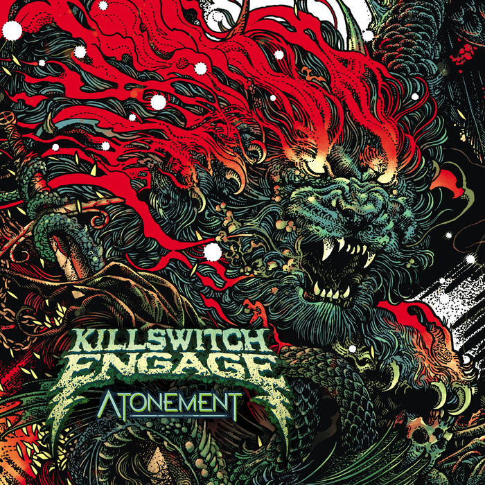the image is the album cover art for killswitch engage's album "atonement."  it features a highly detailed and stylized illustration of a ferocious mythical creature, a blend of a dragon and a lion, rendered in a style reminiscent of traditional japanese woodblock prints (ukiyoe). the creature is predominantly green and black, with intense red fiery elements emanating from its mane and body. the band's name, "killswitch engage," and the album title, "atonement," are prominently displayed in stylized metal font across the creature.  the overall aesthetic is dark, intense, and violent, reflecting the style of the band's music. the artwork is incredibly intricate, with a wealth of fine detail throughout the image,  creating a powerful and visually arresting piece.