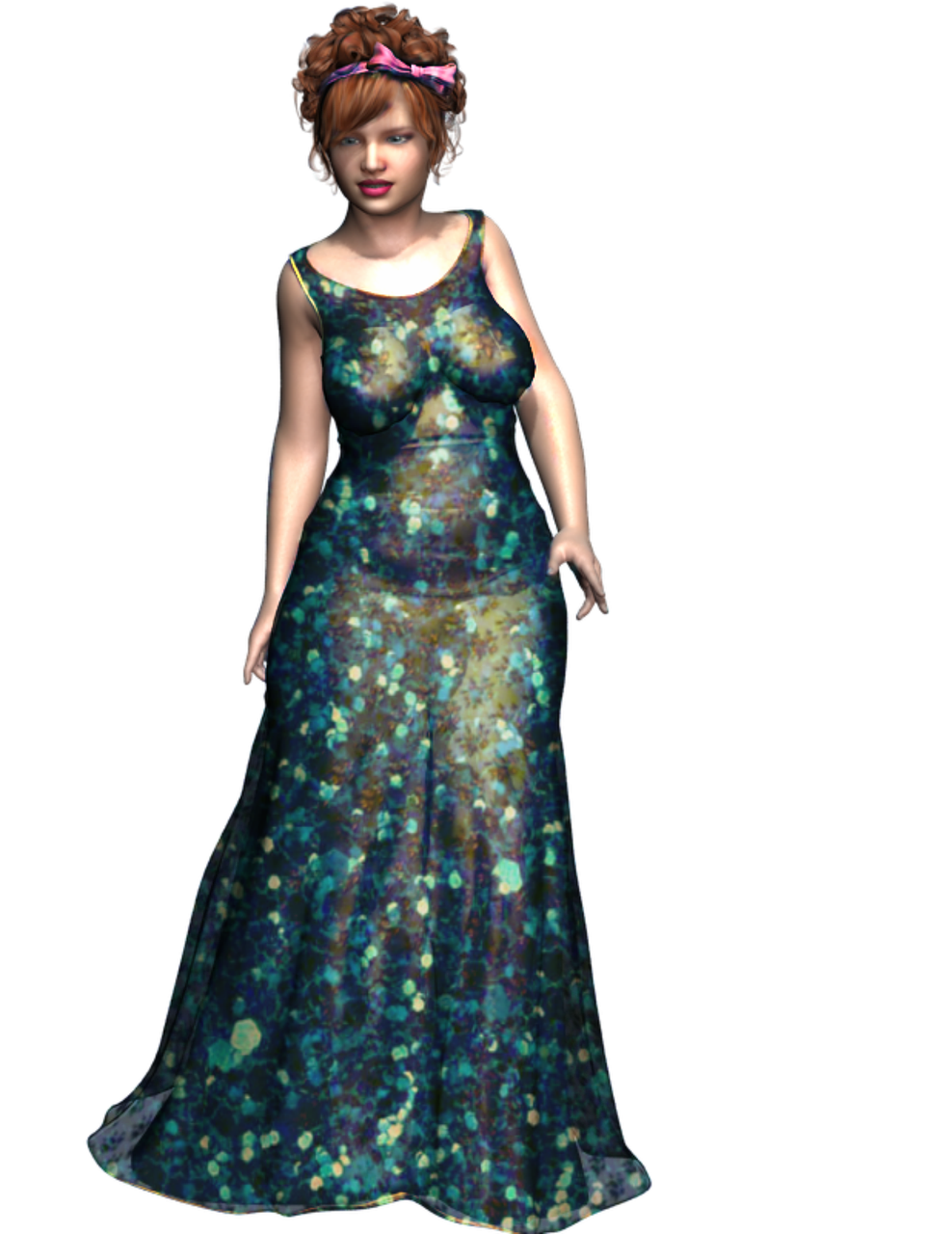 a digital illustration of a woman with red hair and a pink headband, wearing a long, flowing evening gown with a teal and floral pattern. she stands against a black background.