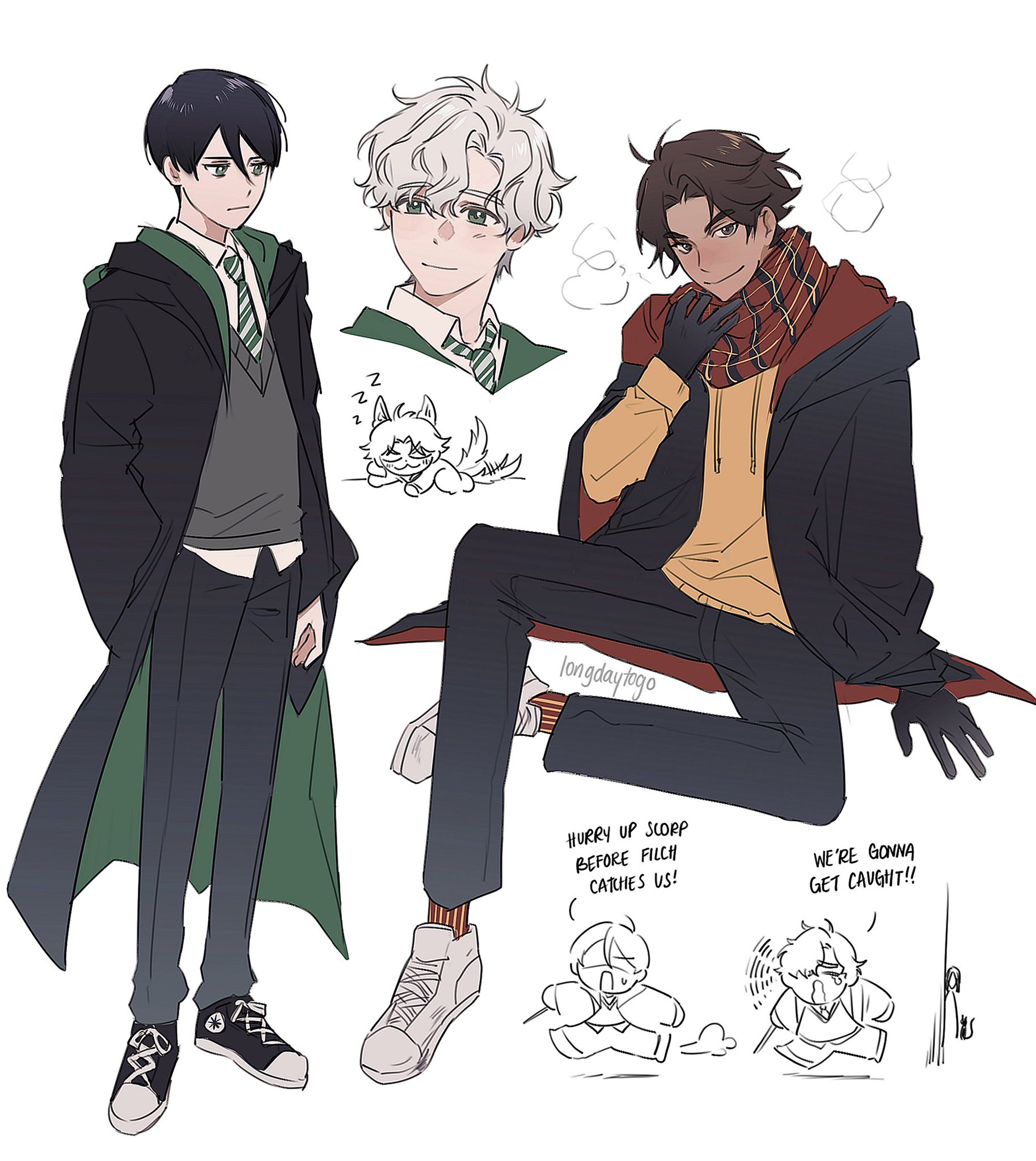this is a colorful fanart drawing of three boys who appear to be inspired by the harry potter universe.  the style is animeinspired. one boy wears a slytherinesque uniform (dark green and black robe), one is in gryffindorinspired attire (red scarf), and another boy is in a more neutral outfit with light grey/white hair.  there are smaller drawings of a dog and the three boys in different poses, along with speech bubbles indicating dialogue. the overall mood is lighthearted and playful. the artist's signature, longdaytogo, is present on the image.
