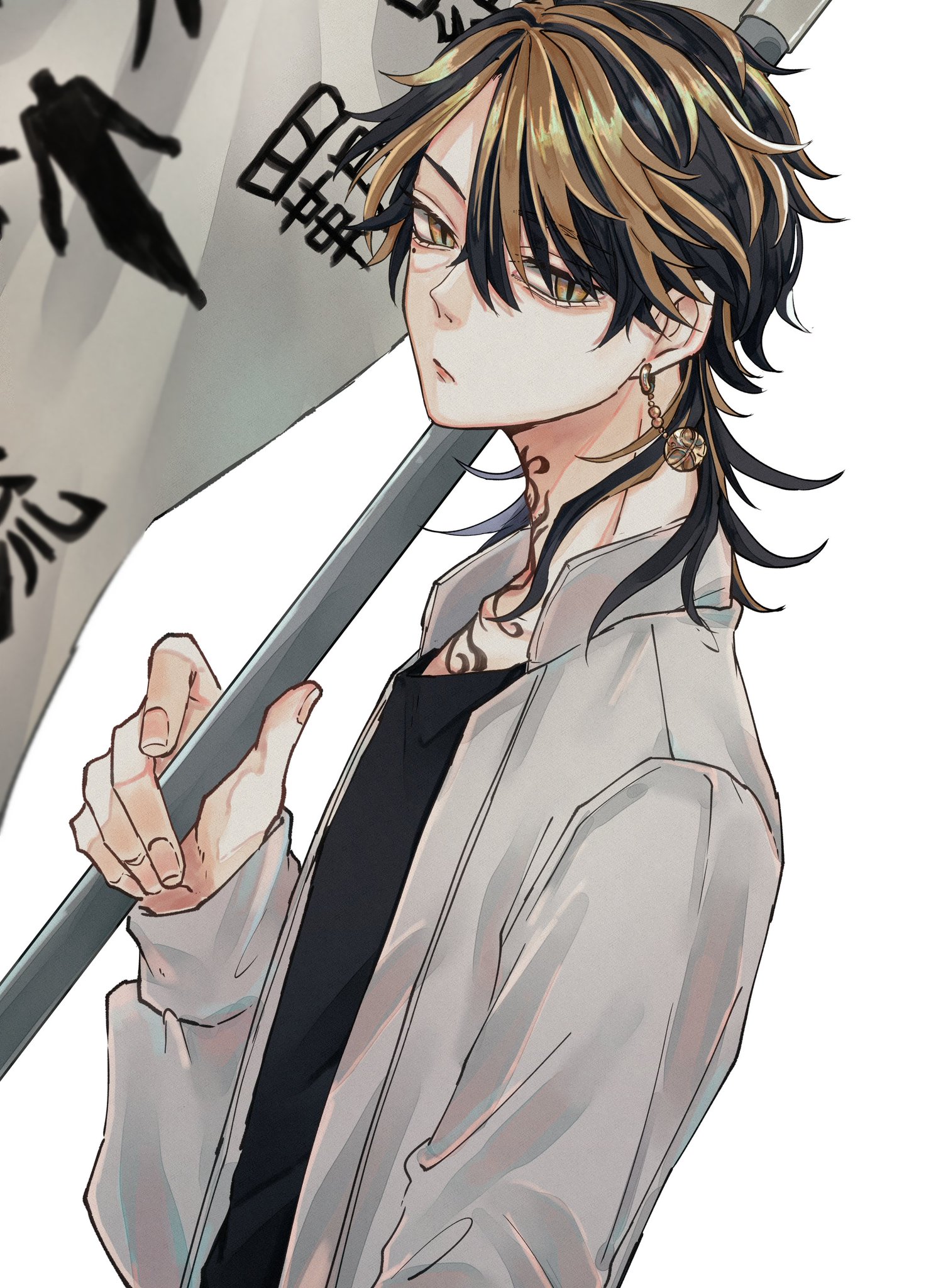 a young anime male character with long black hair with blonde highlights is holding a white flag with black writing. he is wearing a gray jacket over a black shirt and has a gold earring and a tattoo on his neck.