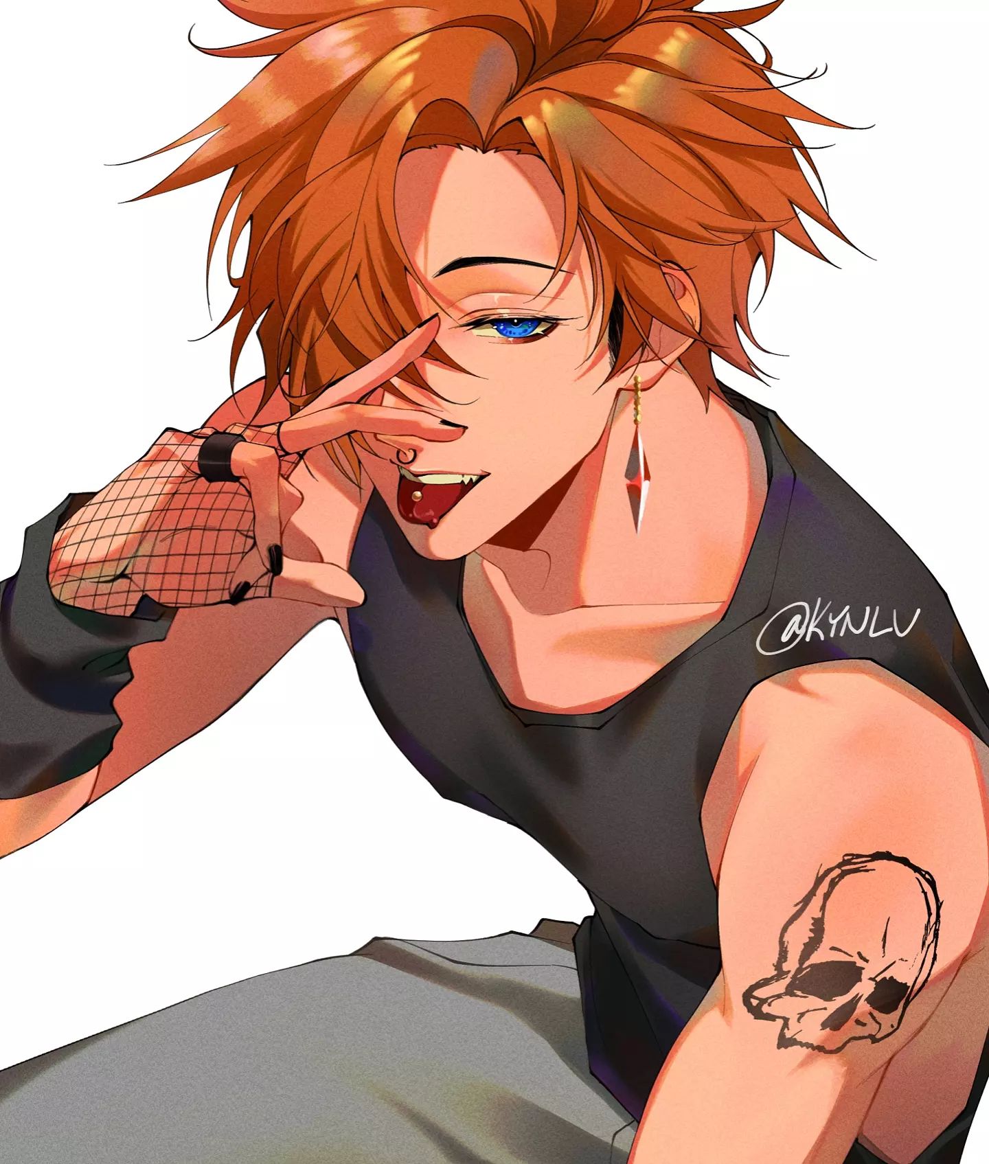an anime character with red hair and blue eyes is wearing a black tank top and  sunglasses. he has a skull tattoo on his right arm, and a silver earring in his right ear. he is posing with his hand covering his right eye, looking cool and edgy.