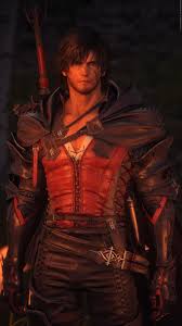 a digital artwork shows a man in a video game costume with armor and a red top.