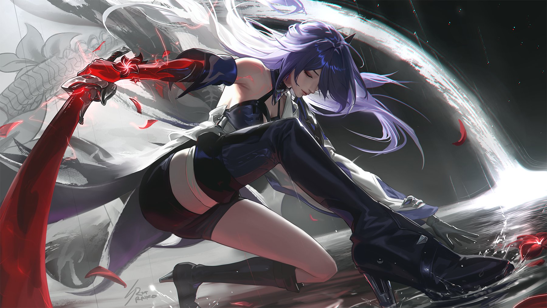 the image is a digital illustration of an animestyle female warrior. she has long, flowing purple and white hair, and she is wearing a dark outfit with high black boots. she is holding a large, red sword with a flowerlike design on the hilt.  she is in a dynamic pose, appearing as if she is in the middle of a fight or powerful action. the background is dark with splashes of water and floating red petals, suggesting a dramatic and intense scene. the art style is detailed and vibrant, showcasing a blend of elegance and power in the character's design and posture.  the overall mood is dark, yet dynamic and captivating.