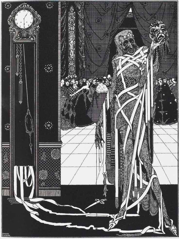 the illustration depicts a skeletal figure draped in tattered white cloth, representing death,  standing in a grand hall where a masquerade ball is in full swing. death holds a mask in its hand, seemingly observing the revelers. a large, ornate grandfather clock looms on the left, its pendulum a stark reminder of time passing. the scene is rendered in stark black and white, emphasizing the contrast between the vibrancy of the party and the chilling presence of death.