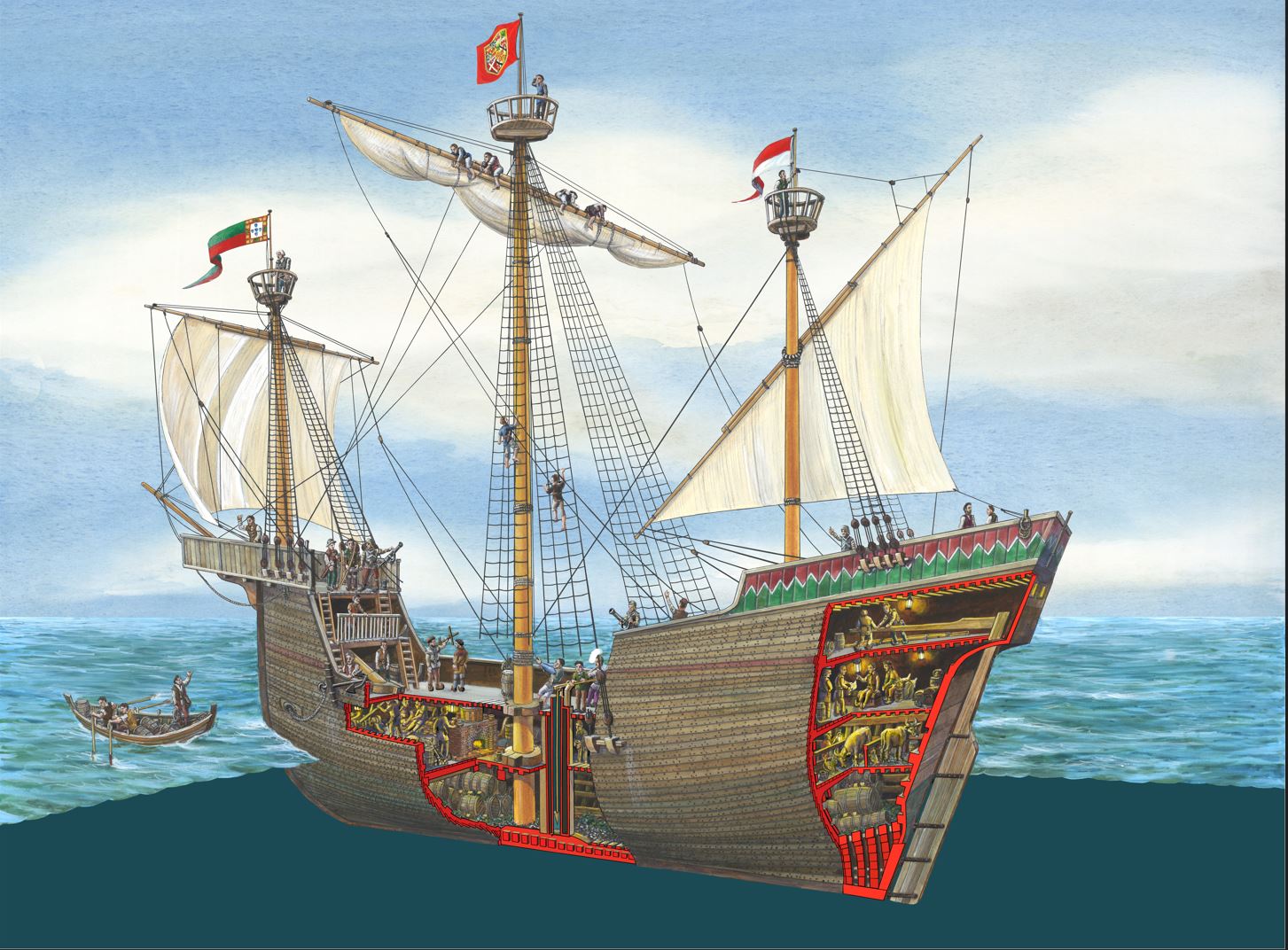 the image is a detailed, cutaway illustration of a large portuguese carrack (or nau), a type of sailing ship prevalent during the age of discovery. the illustration shows a crosssection of the ship, revealing its internal structure, including cargo holds filled with barrels and even livestock (horses are visible). the crew is depicted both on deck and working inside the ship. the ship boasts multiple masts with fully set sails, portuguese flags, and intricate rigging.  the carrack is shown sailing on a calm ocean under a light blue sky.  the style suggests a historical illustration, possibly from a book or educational material, aiming to depict a historically accurate representation of these significant vessels.