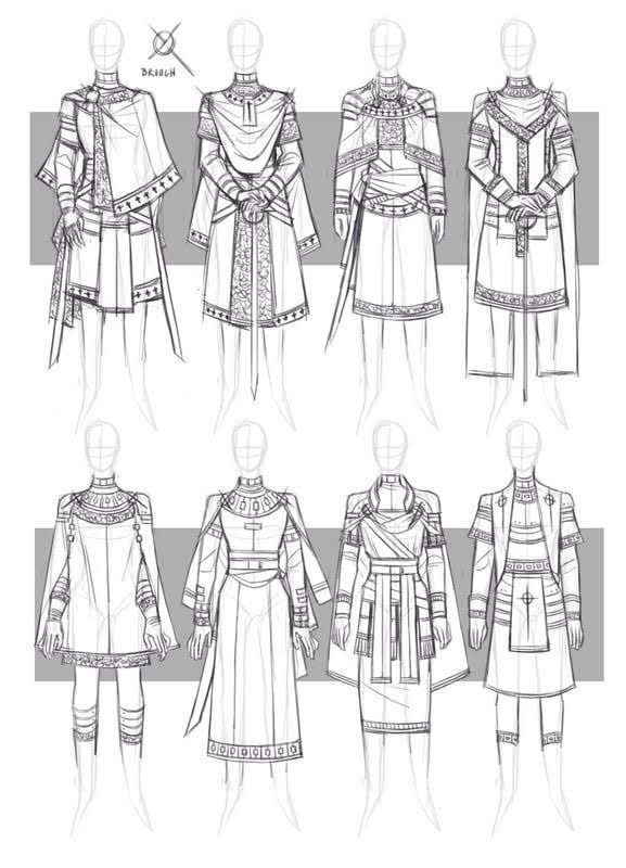 the image showcases eight fullbody sketches of stylized clothing designs. rendered in black and white line art, each figure stands on a simple line base, their poses neutral and identical.  the designs feature elements reminiscent of medieval and fantasy attire, with tunics, robes, cloaks, belts, and intricate detailing. the overall aesthetic leans towards a historical or fantasy setting.