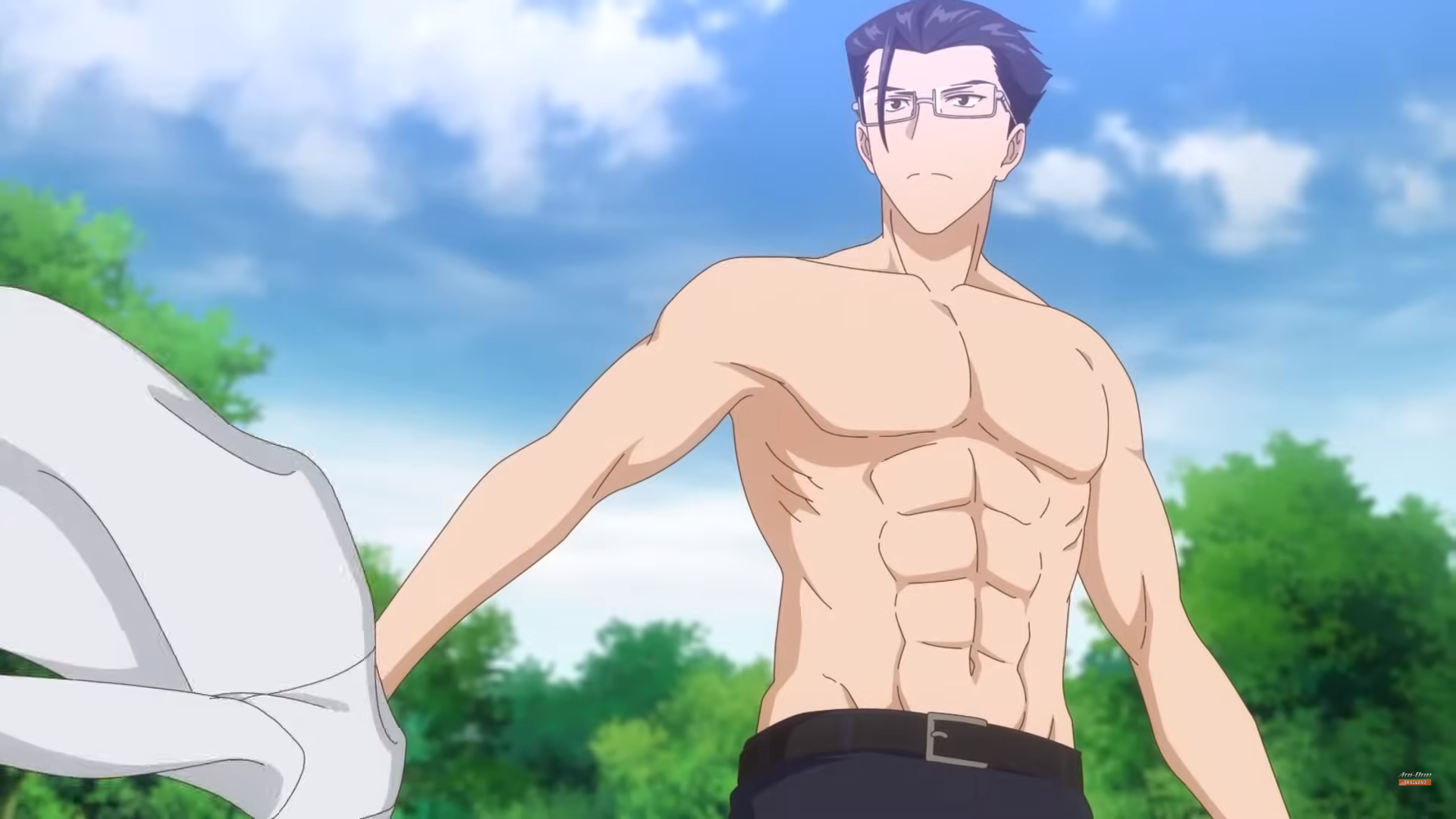 a muscular, shirtless anime man with short black hair and glasses stands in front of a backdrop of green trees and a bright blue sky with white clouds. he is holding a white shirt in his left hand. he has a serious expression on his face. the lighting is natural and bright, suggesting a sunny day.