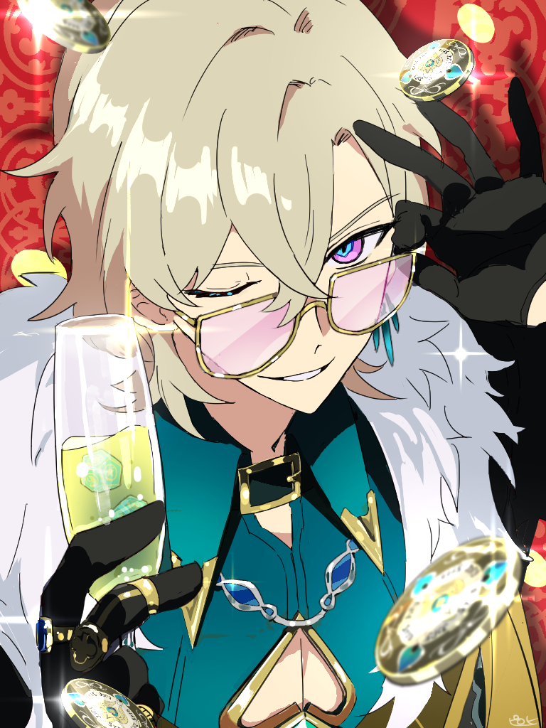 the image is a vibrant digital fanart depicting a stylish anime male character, possibly inspired by genshin impact's kazuha,  with blonde hair, wearing teal and gold clothing,  rectangular pinktinted glasses, and a white fur stole. he’s winking mischievously and holding a champagne flute, while several gold coins float around him. his attire suggests opulence, and the background features a rich red ornate pattern suggestive of a casino or luxurious setting. the overall style is elegant and detailed, with a focus on the character's expressive face and stylish clothing. the lighting and coloring emphasize a glamorous and celebratory mood.