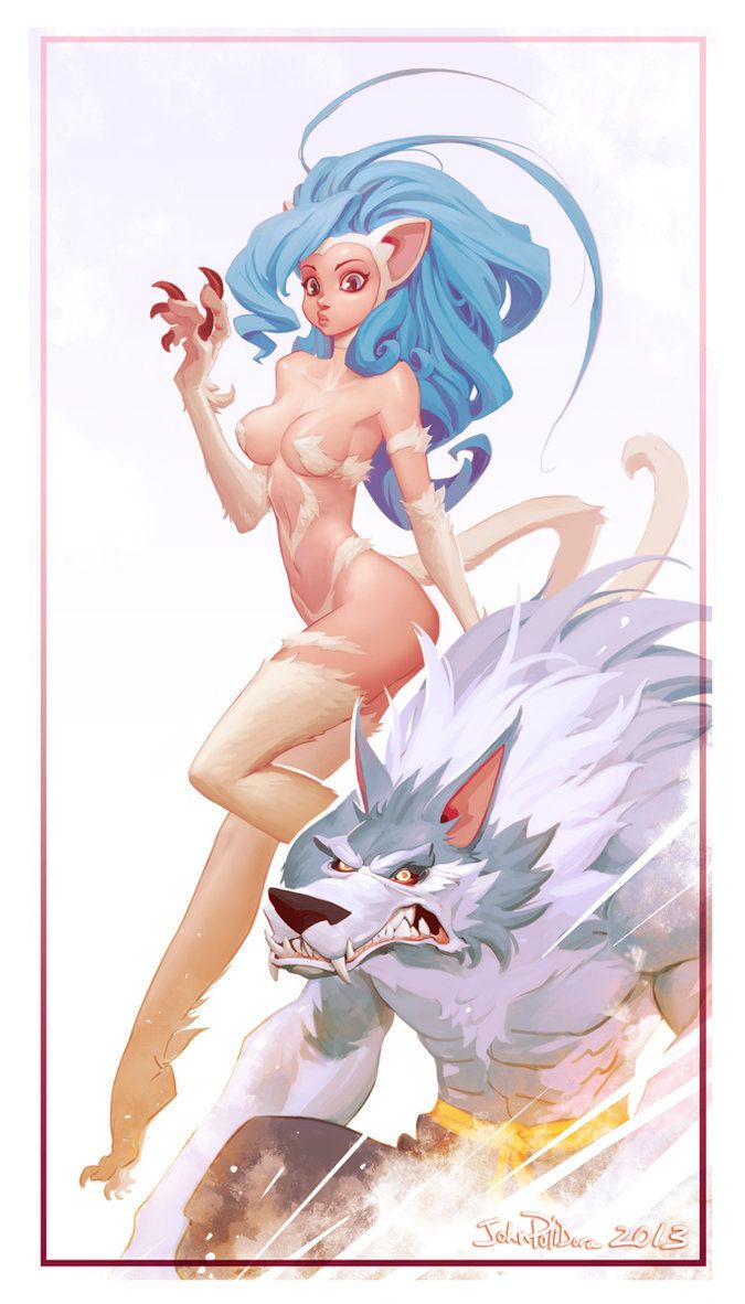 the image is a fantasy illustration featuring a catgirl standing beside a large, muscular wolf. the catgirl is depicted with light fur, blue hair, cat ears, and a tail. she has sharp claws and a surprised expression on her face. the wolf is gray and white with red ears and bares its teeth in an angry snarl. the artwork is signed "john polidora 2013" and has a dynamic composition with motion lines suggesting the wolf is in motion.