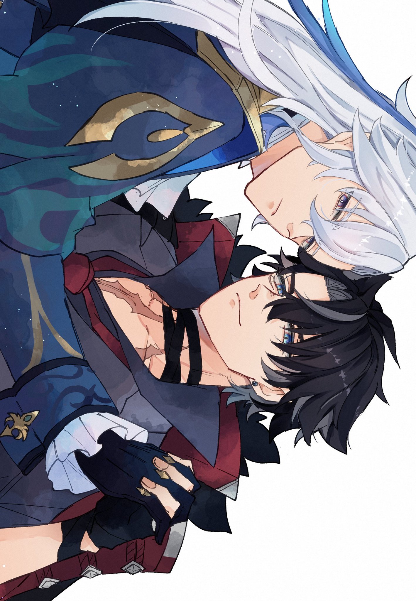 the image depicts two handsome anime boys in a romantic