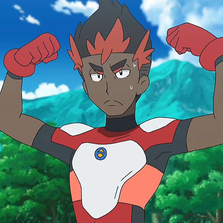this is a digital illustration of a pokémon trainer from the anime. he is a young man with black skin and short red hair. he is wearing a red and white suit and has a determined expression on his face. he is flexing his bicep with his arms raised above his head. the background is a green and blue landscape with mountains and trees.