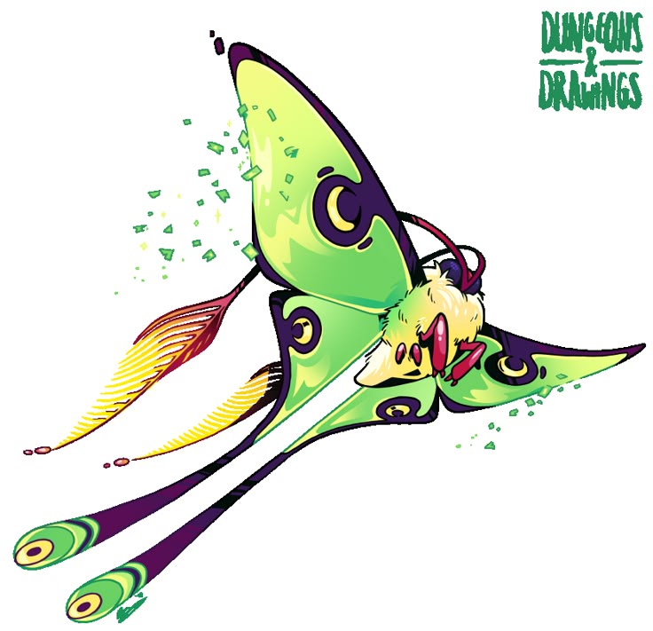a cartoon drawing of a luna moth with neon green and purple wings, long purple antennae, and a fluffy yellow body. the moth is surrounded by small green squares, and the words "dungeons & drawings" are in the top right corner.