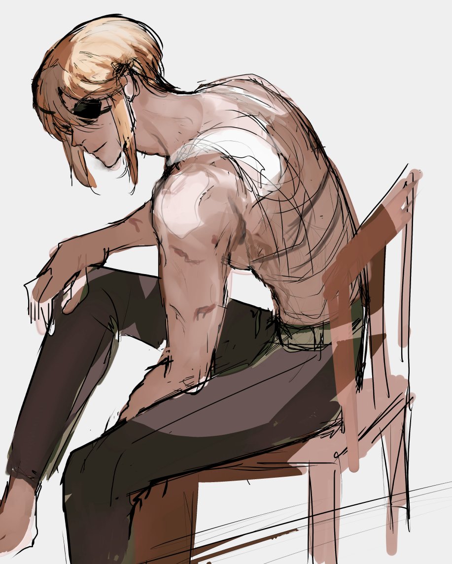 an anime boy with blond hair, wearing sunglasses, sitting on a chair. he's dressed in a white shirt, brown pants and has a calm expression. the background is a light grey with some white lines. the image is drawn in a digital style and has a sketchy look.